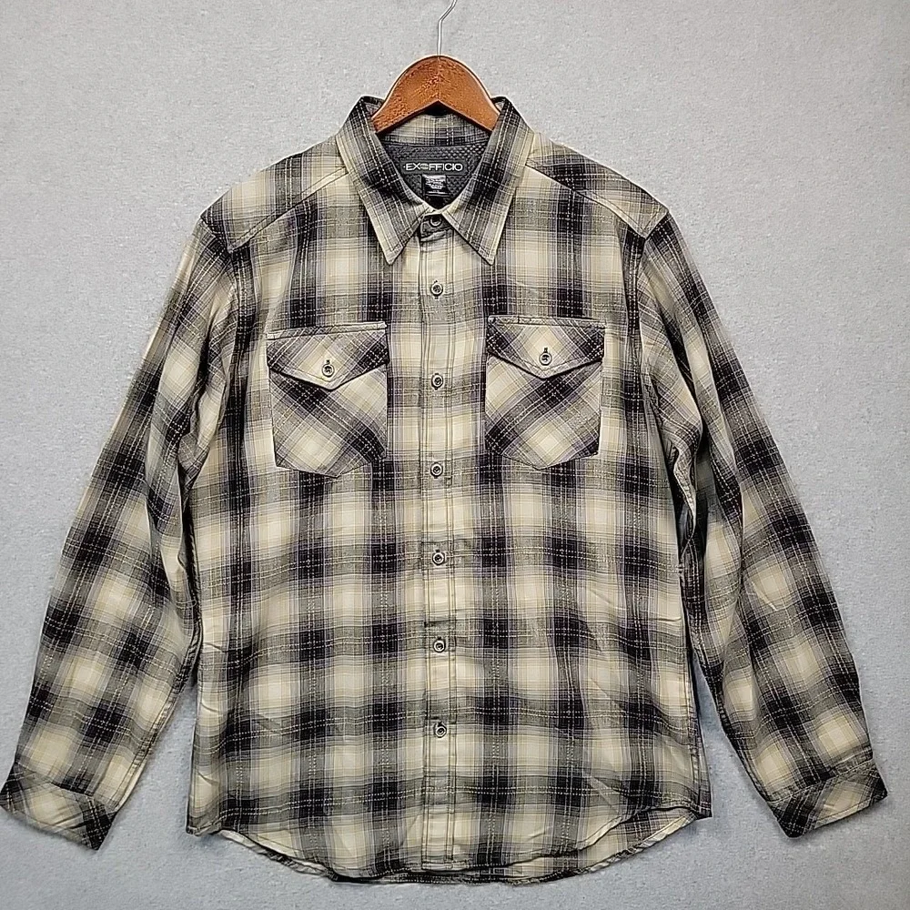 ExOfficio Travel Wear Shirt Mens Large Tan Plaid Long Sleeve Fishing Hiking
